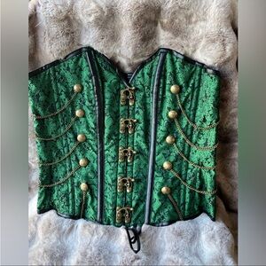 Women Corset story green/gold overbust corset with chains size 38"
